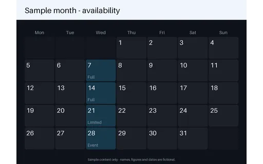 Booking Calendar Panel — calendar-grid layout, sample content only