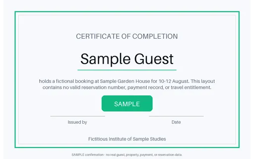Booking Confirmation Summary — certificate layout, sample content only
