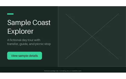 Coastal Tour Package — hero-split layout, sample content only