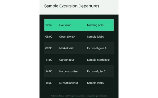 Excursion Departure Schedule — table-sheet layout, sample content only