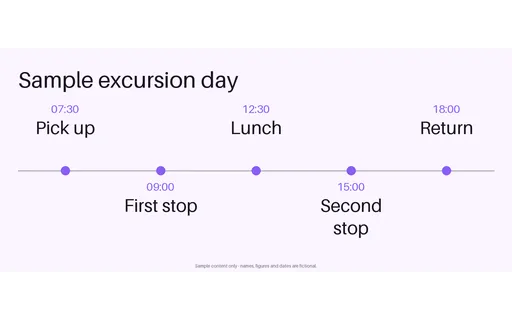 Excursion Timeline Rail — timeline-rail layout, sample content only