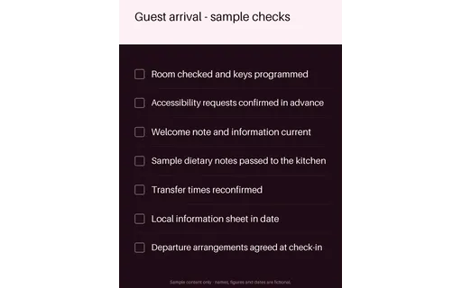 Guest Arrival Checklist — checklist-sheet layout, sample content only