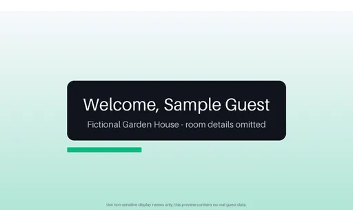 Guest Welcome Screen — scene-plate layout, sample content only