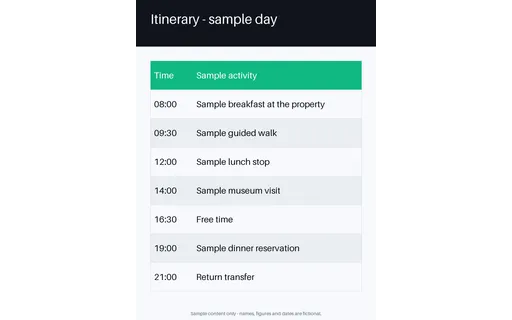 Itinerary Day Sheet — table-sheet layout, sample content only