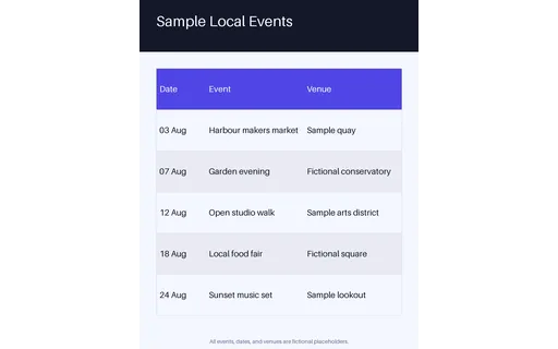 Local Events Calendar — table-sheet layout, sample content only