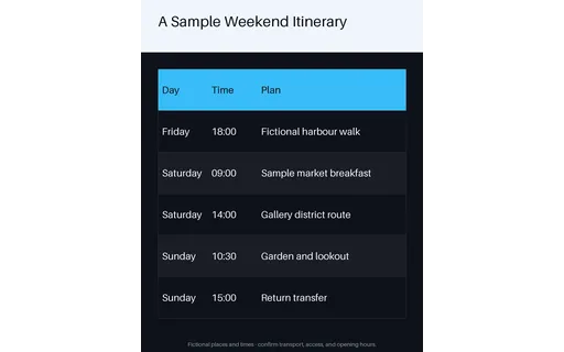 Weekend City Itinerary — table-sheet layout, sample content only