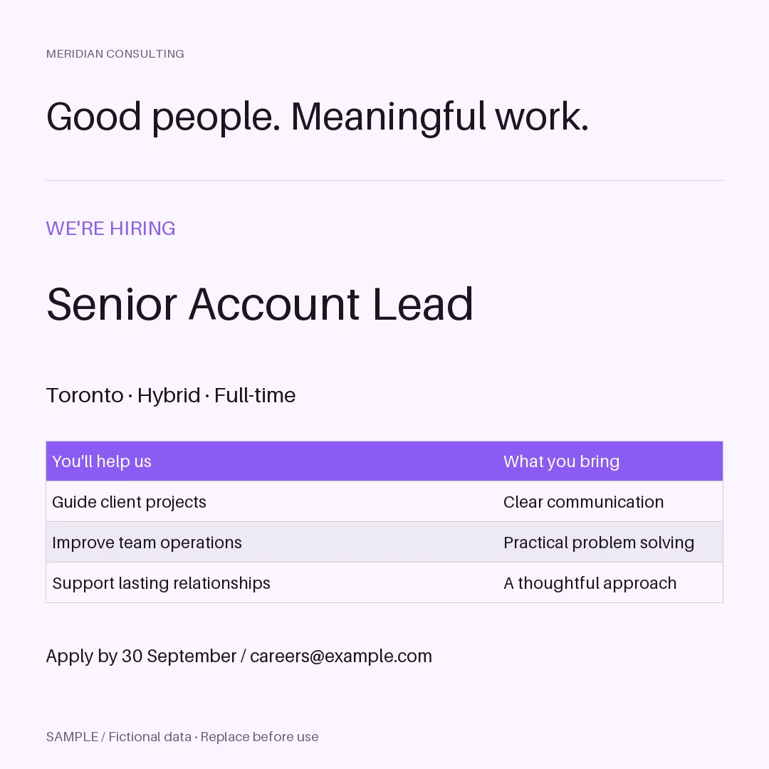 Hiring Now Graphic: editable report with synthetic content