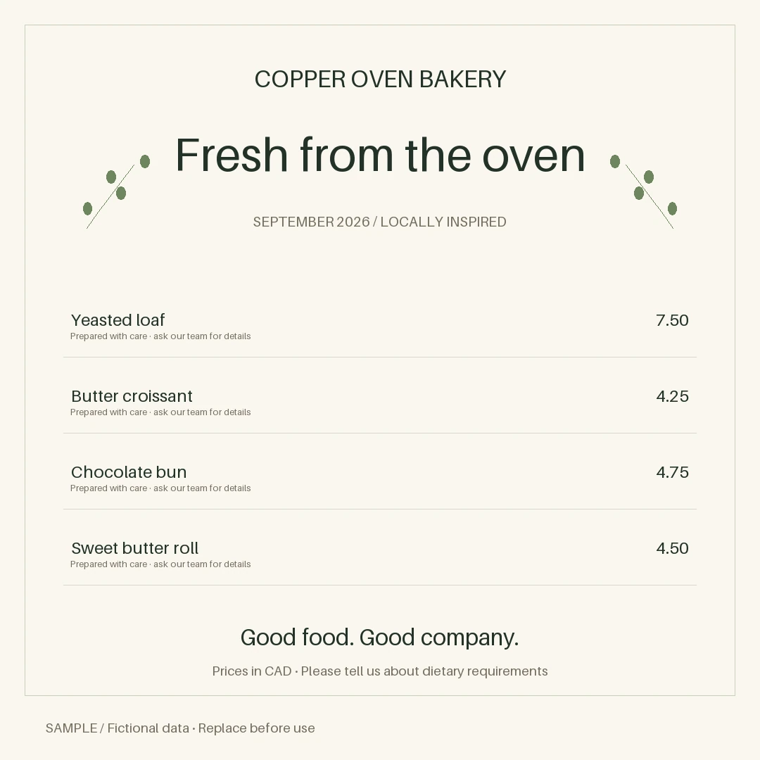 Bakery Promotion: editable menu with synthetic content