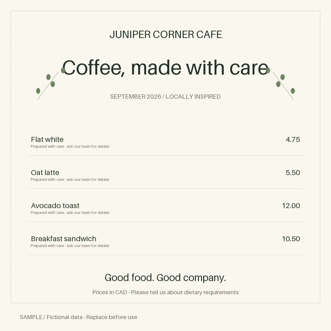 Café Drink Launch: editable menu with synthetic content