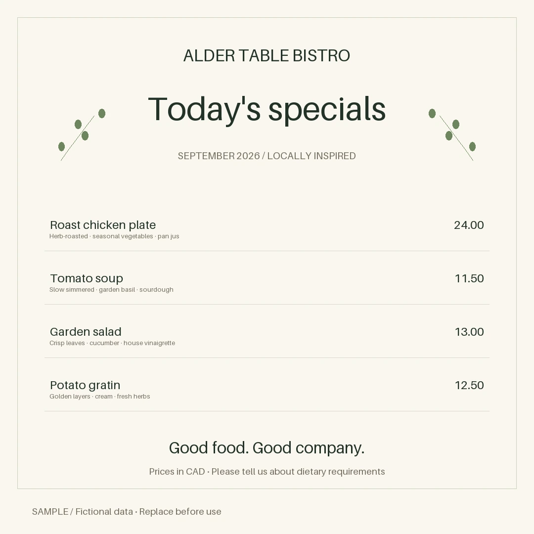 Daily Special Graphic: editable menu with synthetic content