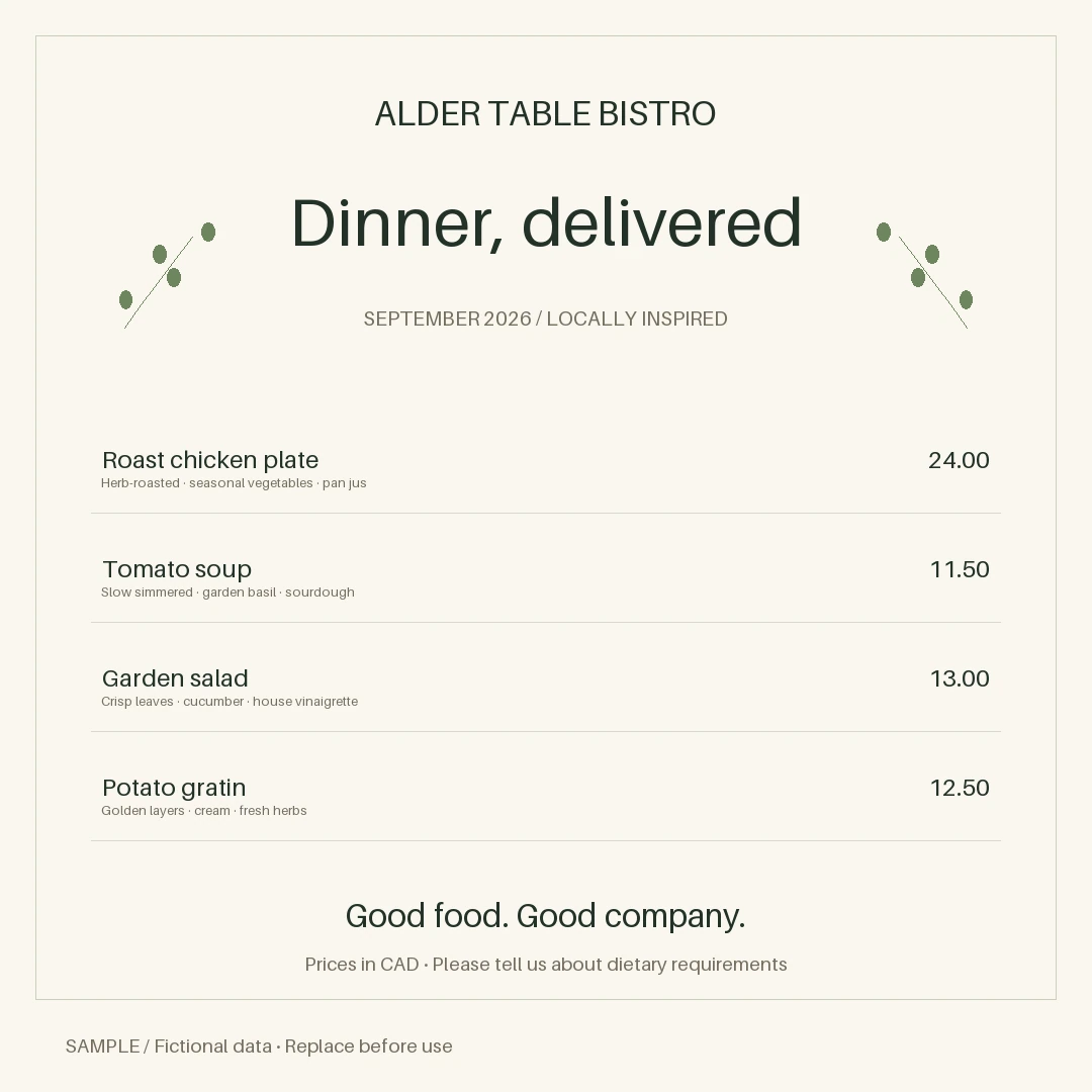 Food Delivery Ad: editable menu with synthetic content