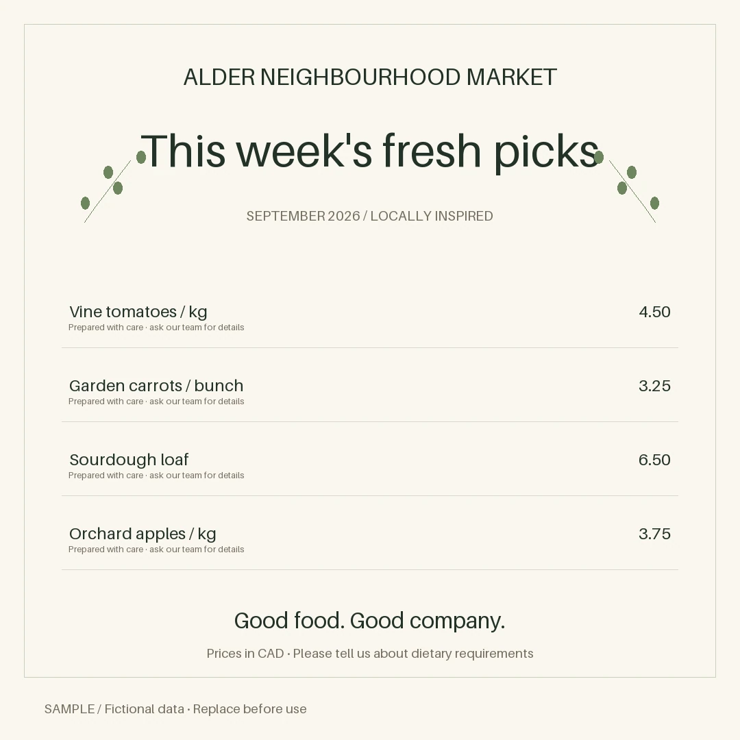 Grocery Sale Graphic: editable menu with synthetic content