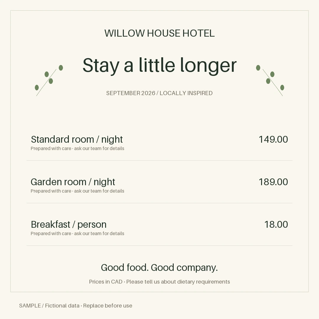 Hotel Offer Graphic: editable menu with synthetic content