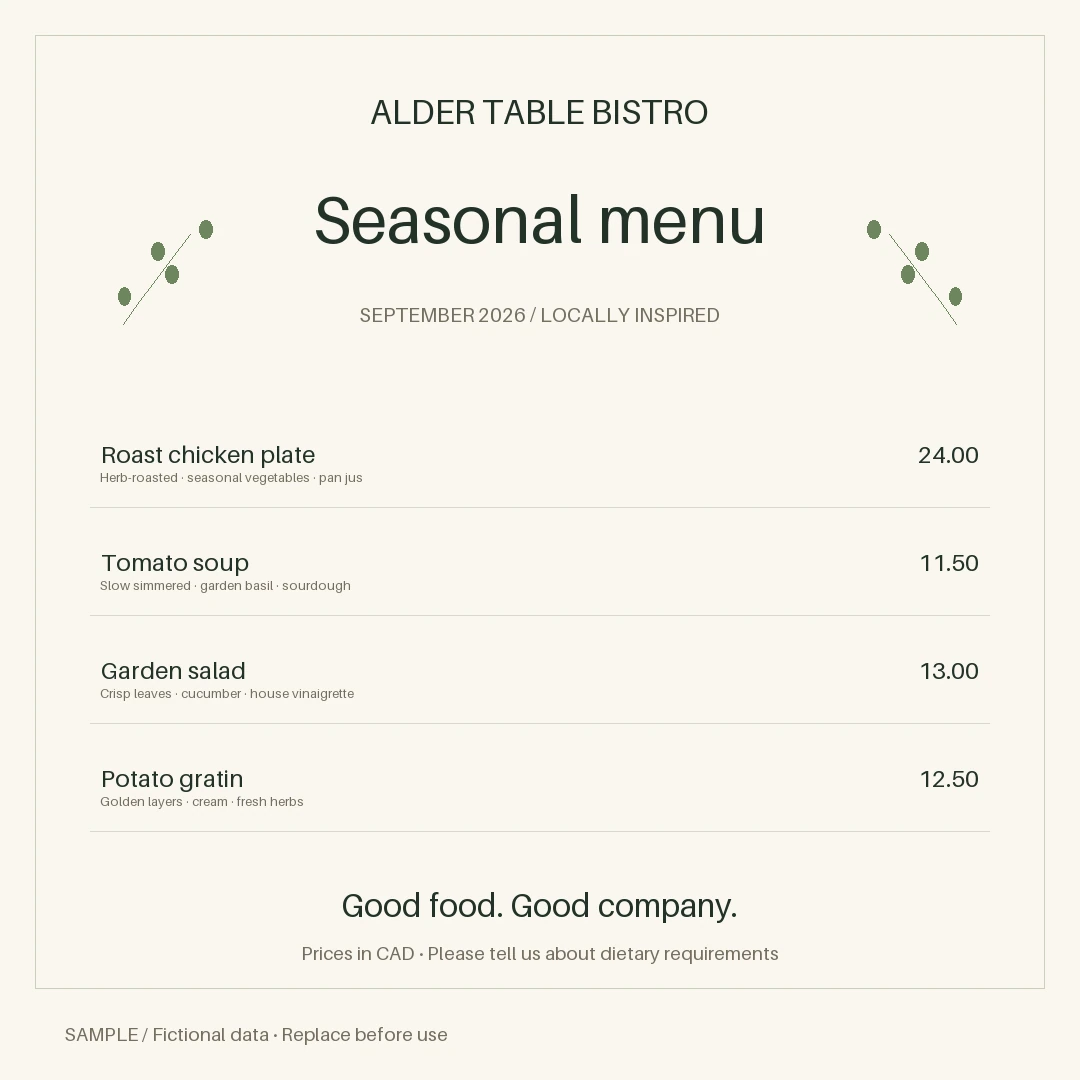 Restaurant Menu Promotion: editable menu with synthetic content