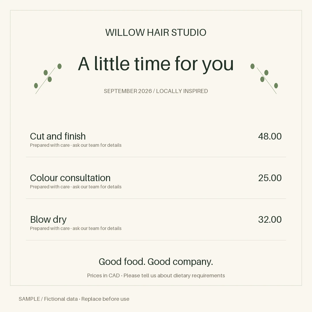 Salon Service Graphic: editable menu with synthetic content