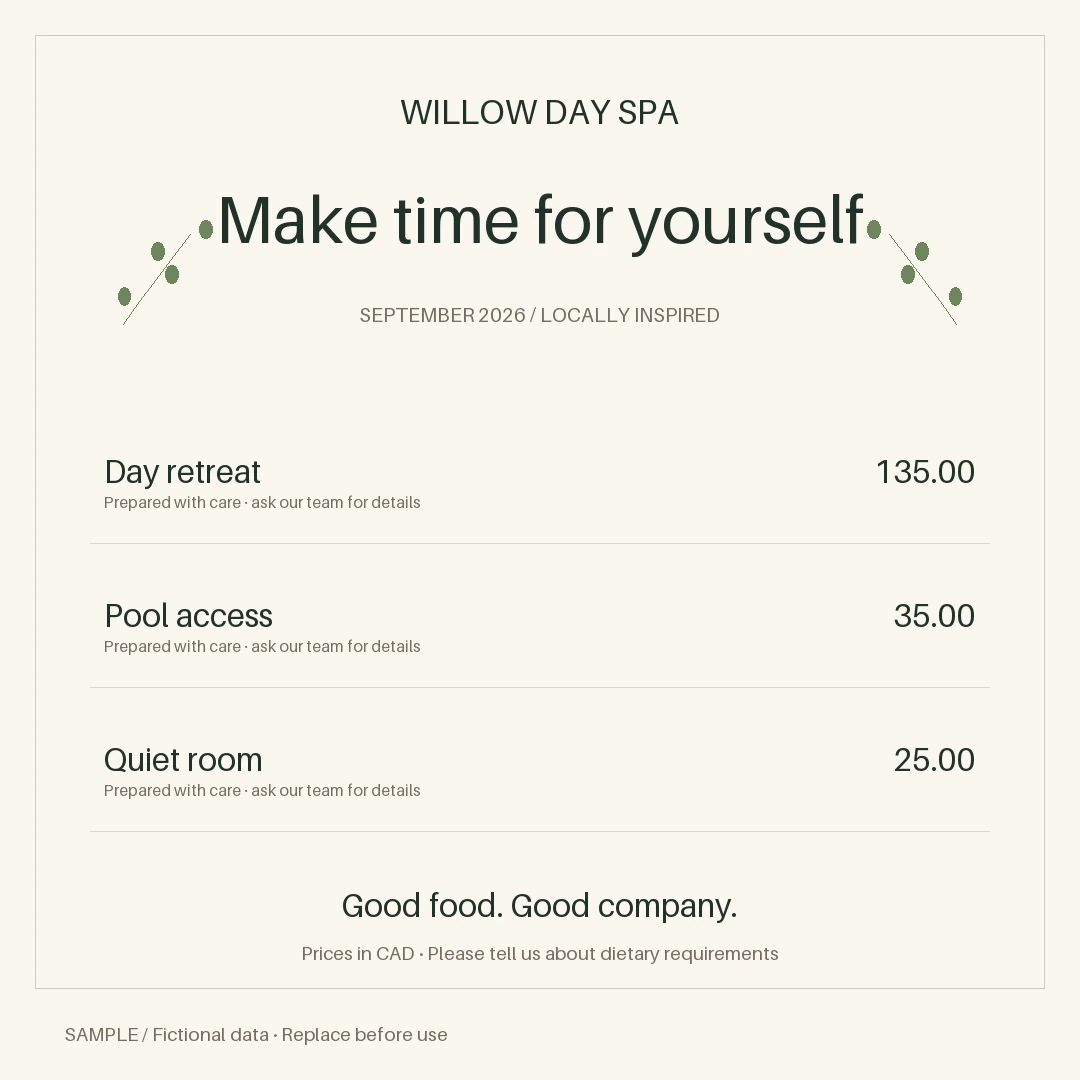 Spa Package Graphic: editable menu with synthetic content