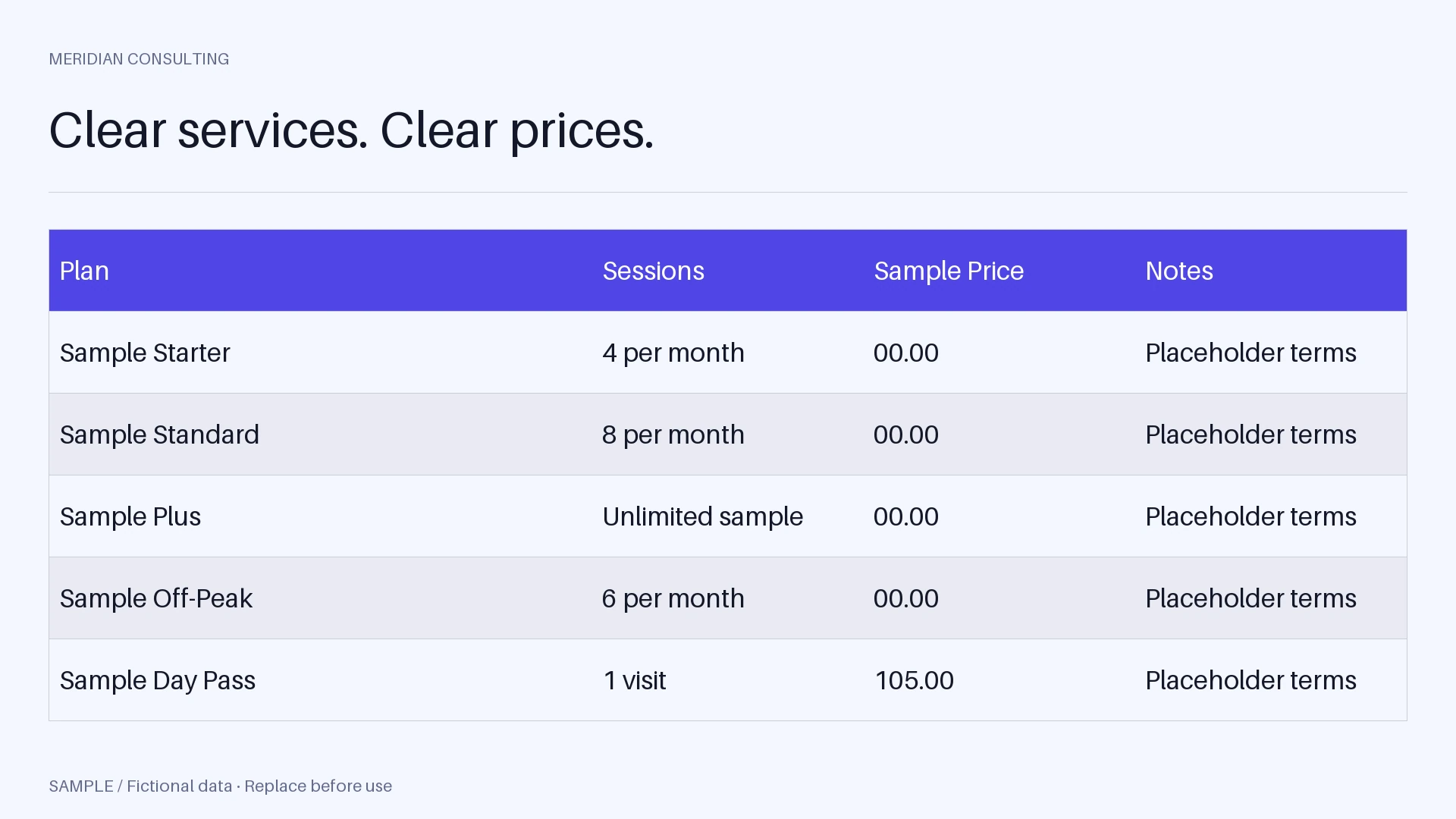 Studio Membership Rates: editable price-sheet with synthetic content