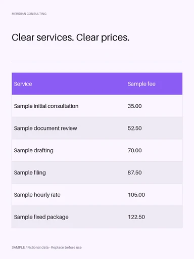Published Fee Schedule Sheet template preview