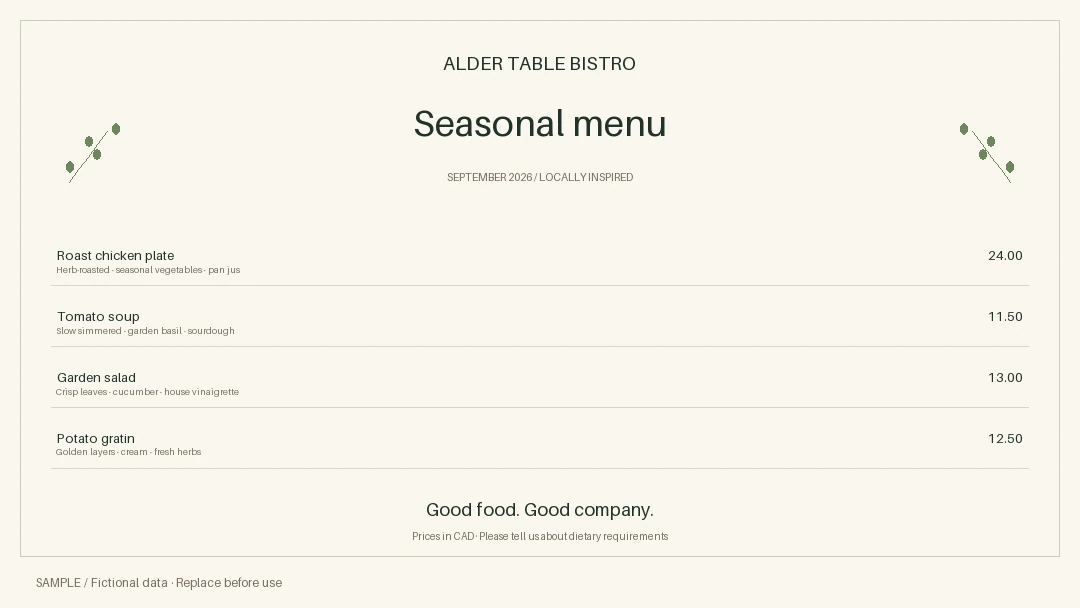 Menu Board: editable menu with synthetic content