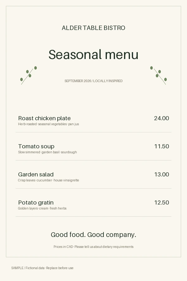 Table Tent: editable menu with synthetic content